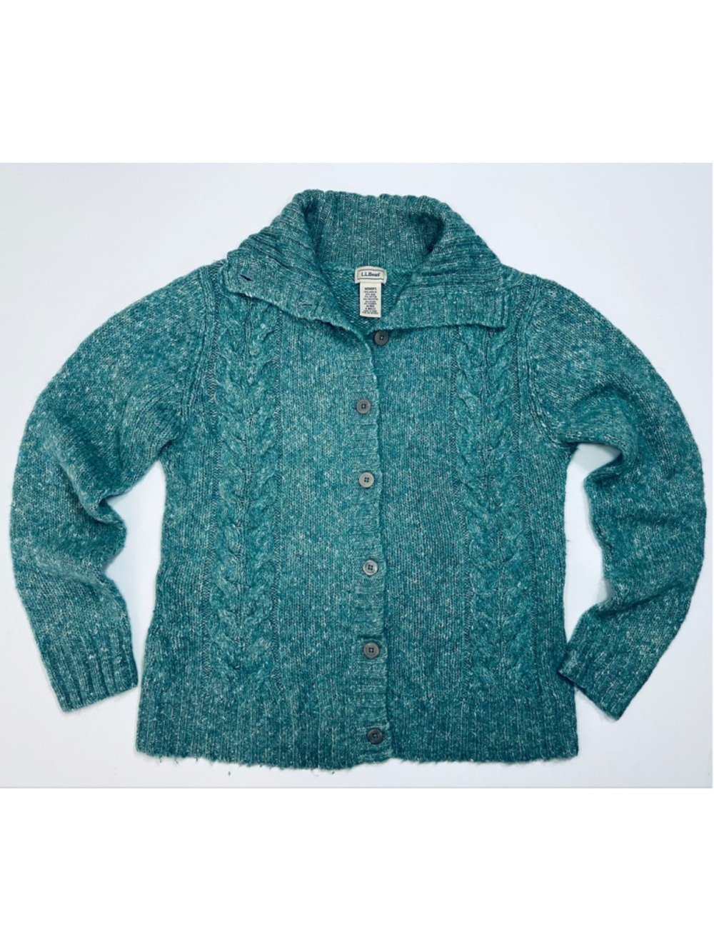 L.L.Bean Teal Cable Knit Button Shawl Collar Cardigan Sweater Women’s Medium - Picture 2 of 11